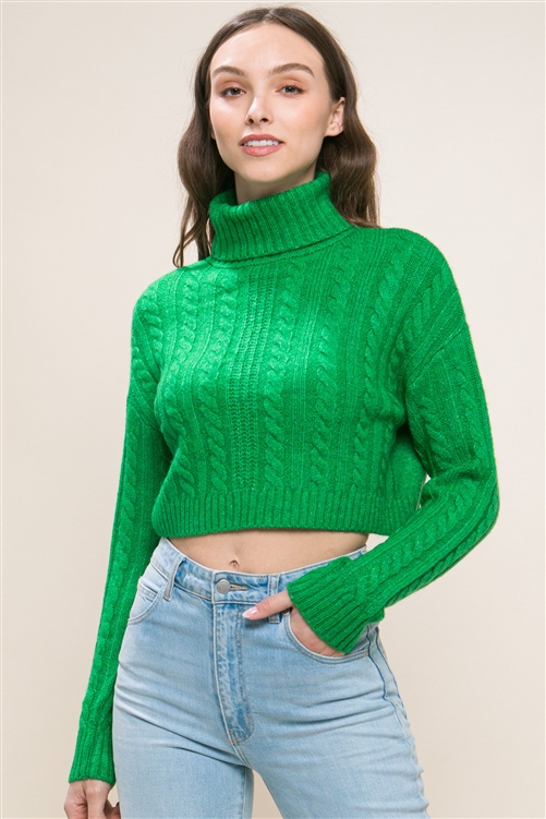 S39-1-1-LT-90095WS-GN - HIGH NECK CABLE KNIT CROPPED SWEATER TOP- GREEN 2-2-2