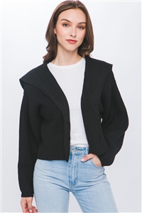 S39-1-1-LT-90106WN-BK - KNIT BUTTON UP CARDIGAN WITH WIDE V NECKLINE- BLACK 2-2-2