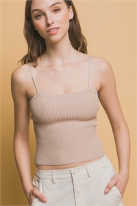S39-1-1-LT-90114WH-BG - RIBBED KNIT MID CAMISOLE TOP- BEIGE 2-2-2