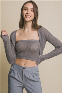 S39-1-1-LT-90127HSET-GY - OPEN KNIT BANDEAU TOP AND CARDIGAN SET- GREY 2-2-2