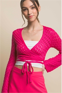 S39-1-1-LT-90129WH-FCH - CROPPED WRAP AROUND TIES TOP- FUCHSIA 2-2-2