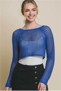 S39-1-1-LT-90131WH-AZR - OPEN KNIT CROPPED SWEATER TOP- AZURE 2-2-2