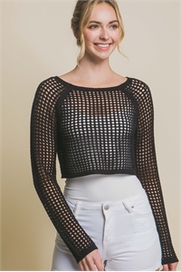 S39-1-1-LT-90131WH-BK - OPEN KNIT CROPPED SWEATER TOP- BLACK 2-2-2