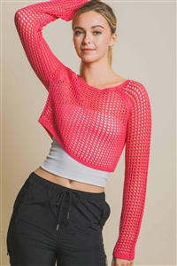 S39-1-1-LT-90131WH-FCH - OPEN KNIT CROPPED SWEATER TOP- FUCHSIA 2-2-2