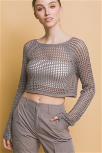 S39-1-1-LT-90131WH-GY - OPEN KNIT CROPPED SWEATER TOP- GREY 2-2-2