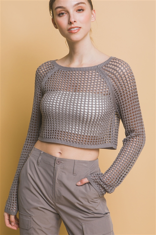 S39-1-1-LT-90131WH-GY - OPEN KNIT CROPPED SWEATER TOP- GREY 2-2-2