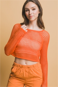 S39-1-1-LT-90131WH-OR - OPEN KNIT CROPPED SWEATER TOP- ORANGE 2-2-2