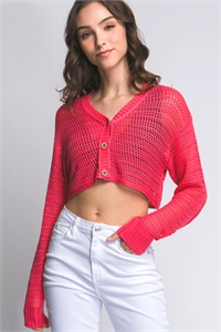 S39-1-1-LT-90135WH-FCH - CROCHET LONG SLEEVE OPEN KNIT CROPPED CARDIGAN- FUCHSIA 2-2-2