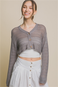 S39-1-1-LT-90135WH-GY - CROCHET LONG SLEEVE OPEN KNIT CROPPED CARDIGAN- GREY 2-2-2