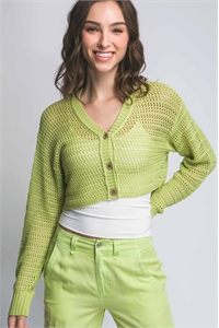 S39-1-1-LT-90135WH-LM - CROCHET LONG SLEEVE OPEN KNIT CROPPED CARDIGAN- LIME 2-2-2
