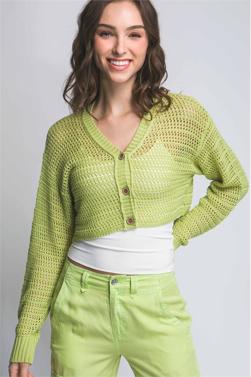 S39-1-1-LT-90135WH-LM - CROCHET LONG SLEEVE OPEN KNIT CROPPED CARDIGAN- LIME 2-2-2