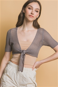 S39-1-1-LT-90136WH-GY - CROCHET SHORT SLEEVE OPEN KNIT TIE CROPPED TOP- GREY 2-2-2