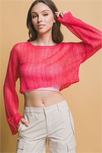 S39-1-1-LT-90137WH-FCH - SHEER CROPPED LONG SLEEVE TOP- FUCHSIA 2-2-2