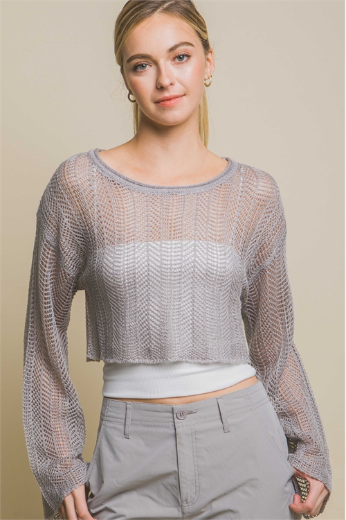 S39-1-1-LT-90137WH-GY - SHEER CROPPED LONG SLEEVE TOP- GREY 2-2-2