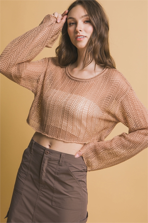 S39-1-1-LT-90137WH-TP - SHEER CROPPED LONG SLEEVE TOP- TAUPE 2-2-2