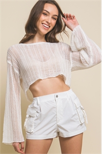 S39-1-1-LT-90137WH-WHT - SHEER CROPPED LONG SLEEVE TOP- WHITE 2-2-2