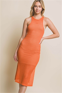 S39-1-1-LT-90139WH-OR - SIDE SLIT CROCHET MIDI DRESS- ORANGE 2-2-2