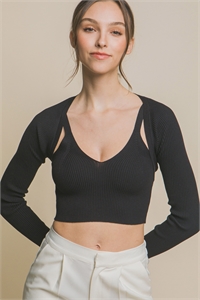 S39-1-1-LT-90141HSET-BK - KNIT SWEATER CARDIGAN AND CROP TANK TOP SET- BLACK 2-2-2