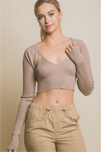 S39-1-1-LT-90141HSET-KHK - KNIT SWEATER CARDIGAN AND CROP TANK TOP SET- KHAKI 2-2-2