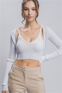 S39-1-1-LT-90141HSET-WHT - KNIT SWEATER CARDIGAN AND CROP TANK TOP SET- WHITE 2-2-2