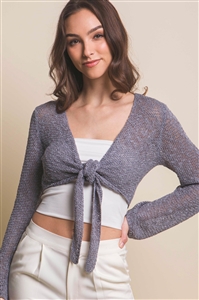 S39-1-1-LT-90143WN-GY - KNIT CARDIGAN WITH FRONT KNOT- GREY 2-2-2