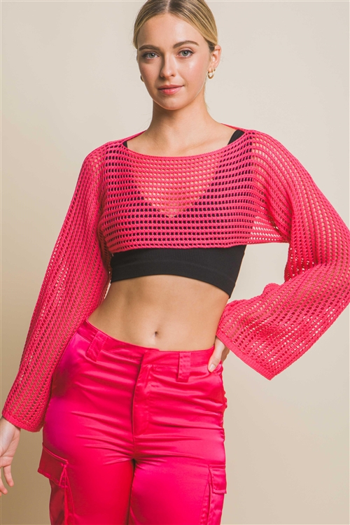 S39-1-1-LT-90149WN-FCH - OPEN KNIT LONG SLEEVE CROPPED SWEATER TOP- FUCHSIA 2-2-2