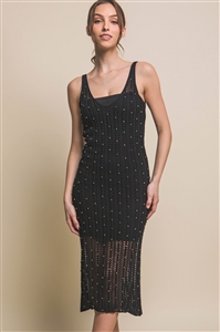 S39-1-1-LT-90157WH-BK - KNITTED U-NECK RHINESTONE DRESS- BLACK 2-2-2