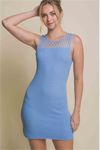 S39-1-1-LT-90160WH-BL - MESH FRONT KNIT MINI DRESS- BLUE 2-2-2