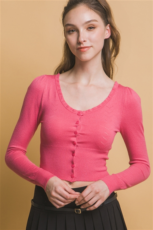 S39-1-1-LT-90187WJ-RS - RIBBED BUUTTONED CARDIGAN- ROSE 2-2-2