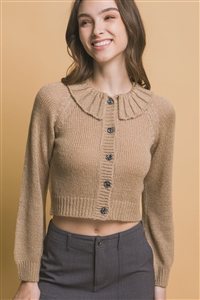 S39-1-1-LT-90188WJ-KHK - SHORT COLLARD SWEATER- KHAKI 2-2-2