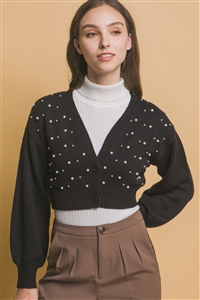 S39-1-1-LT-90192WJ-BK - CROPPED PEARL BEADED CARDIGAN- BLACK 2-2-2