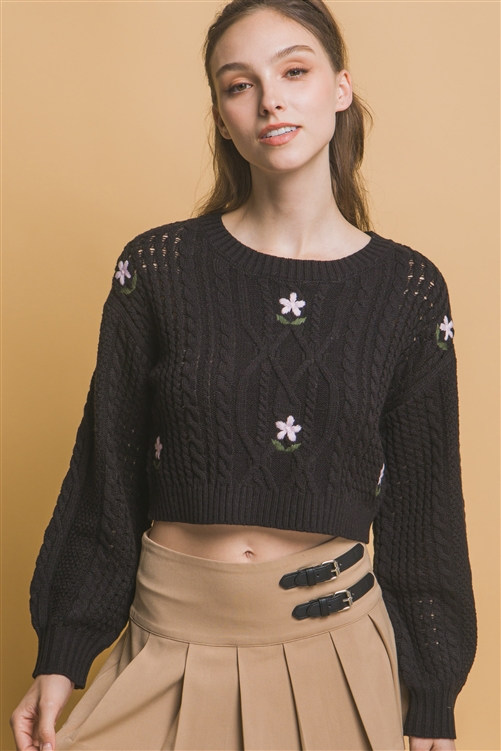 S39-1-1-LT-90199WJ-BK - FLORAL CROPPED SWEATER TOP- BLACK 2-2-2