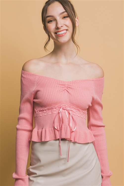 S39-1-1-LT-90201WJ-PK - OFF THE SHOULDER RIBBED LONG SLEEVE- PINK 2-2-2