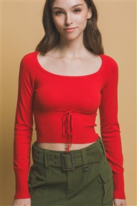 S39-1-1-LT-90202WJ-RD - FRONT TIE RIBBED SWEATER- RED 2-2-2