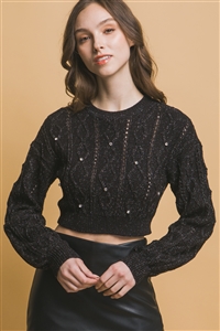 S39-1-1-LT-90206WJ-BK - KNITTED CROPPED DIAMOND SWEATER- BLACK 2-2-2