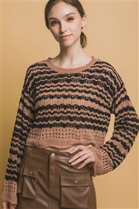 S39-1-1-LT-90208WJ-CMLBK - STRIPPED OPEN KNIT TOP- CAMEL-BLACK 2-2-2