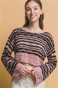 S39-1-1-LT-90208WJ-PKBK - STRIPPED OPEN KNIT TOP- PINK-BLACK 2-2-2