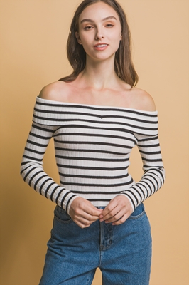 S39-1-1-LT-90211WN-WHT - STRIPED BARDOT LONG SLEEVE T-SHIRT- WHITE 2-2-2