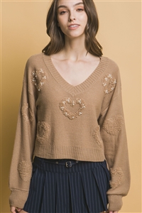 S39-1-1-LT-90217WJ-KHK - HEART PATTERN PEARLS BEADED SWEATER- KHAKI 2-2-2