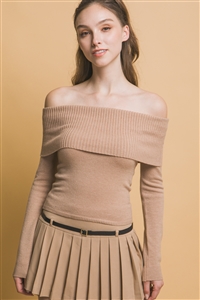 S39-1-1-LT-90221WJ-KHK - RIBBED FITTED BARDOT TOP- KHAKI 2-2-2