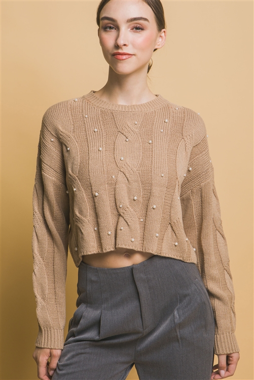 S39-1-1-LT-90225WJ-KHK - CABLE KNIT PEARL SWEATER- KHAKI 2-2-2