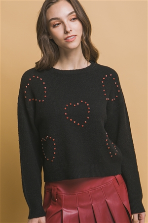 S39-1-1-LT-90234WJ-BK - HEART BEADED SWEATER- BLACK 2-2-2