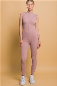 S39-1-1-LT-90241WN-DSTPK - FITTED HALF- ZIP JUMPSUIT- DUSTY PINK 2-2-2