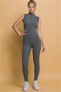 S39-1-1-LT-90241WN-HGY - FITTED HALF- ZIP JUMPSUIT- HEATHER GREY 2-2-2