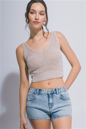 S39-1-1-LT-90344TN-OTM - KNITTED TWIST BACK CROP TOP- OATMEAL 2-2-2
