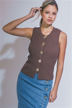S39-1-1-LT-90364VL-MC - RIB KNIT GOLD BUTTON TOP- MOCHA 2-2-2