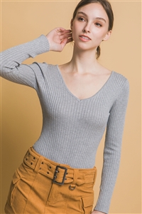 S39-1-1-LT-9833WN-HGY - V NECKLINE YARN LONG SLEEVE BODY SUIT- HEATHER GREY 1-2-2-1