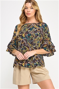 S38-1-1-LT-MT2582-5-MLT - WOVEN PAISLEY PRINT LAYERED RUFFLE 3/4 SLEEVE TOP- MULTI 2-2-2-2