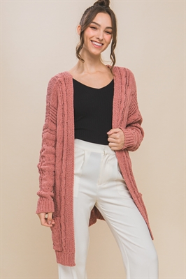 S39-1-1-LT-W9011-MV - CHENILLE CABLE KNIT OVERSIZED OPEN FRONT CARDIGAN- MAUVE 2-2-2