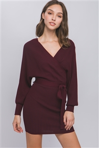 S39-1-1-LT-W9025-WN - OFF SHOULDER WRAP BELTED RIBBED KNIT DRESS- WINE 2-2-2